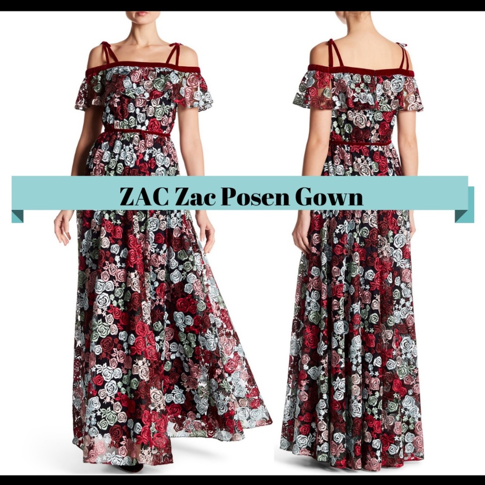 NWT $1,190 ZAC Zac Posen Rosette Embroidered Off-the-Shoulder Gown [SZ‎ 4 ]